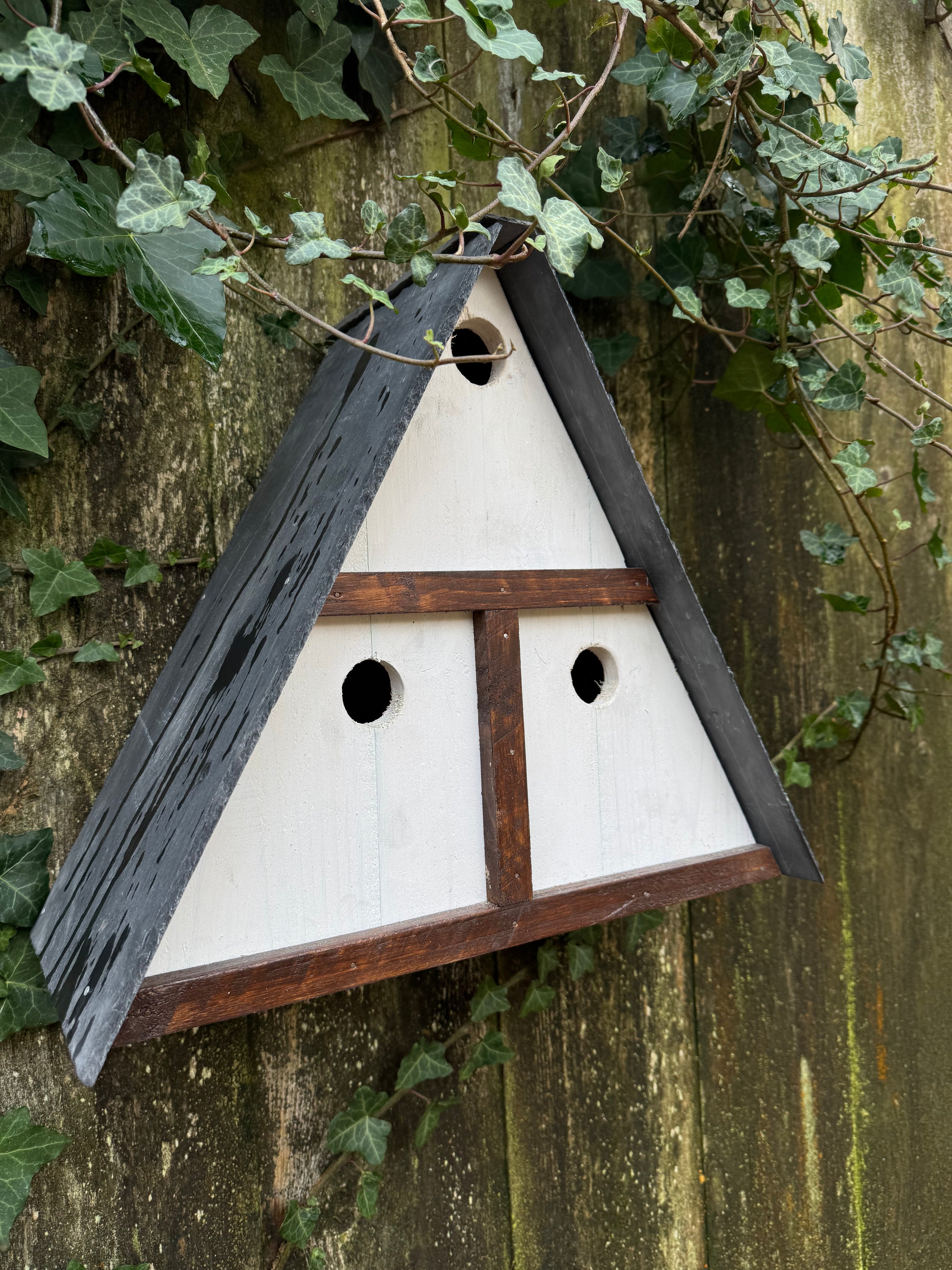 3-chamber sparrow nest box | Handmade slate roof bird house