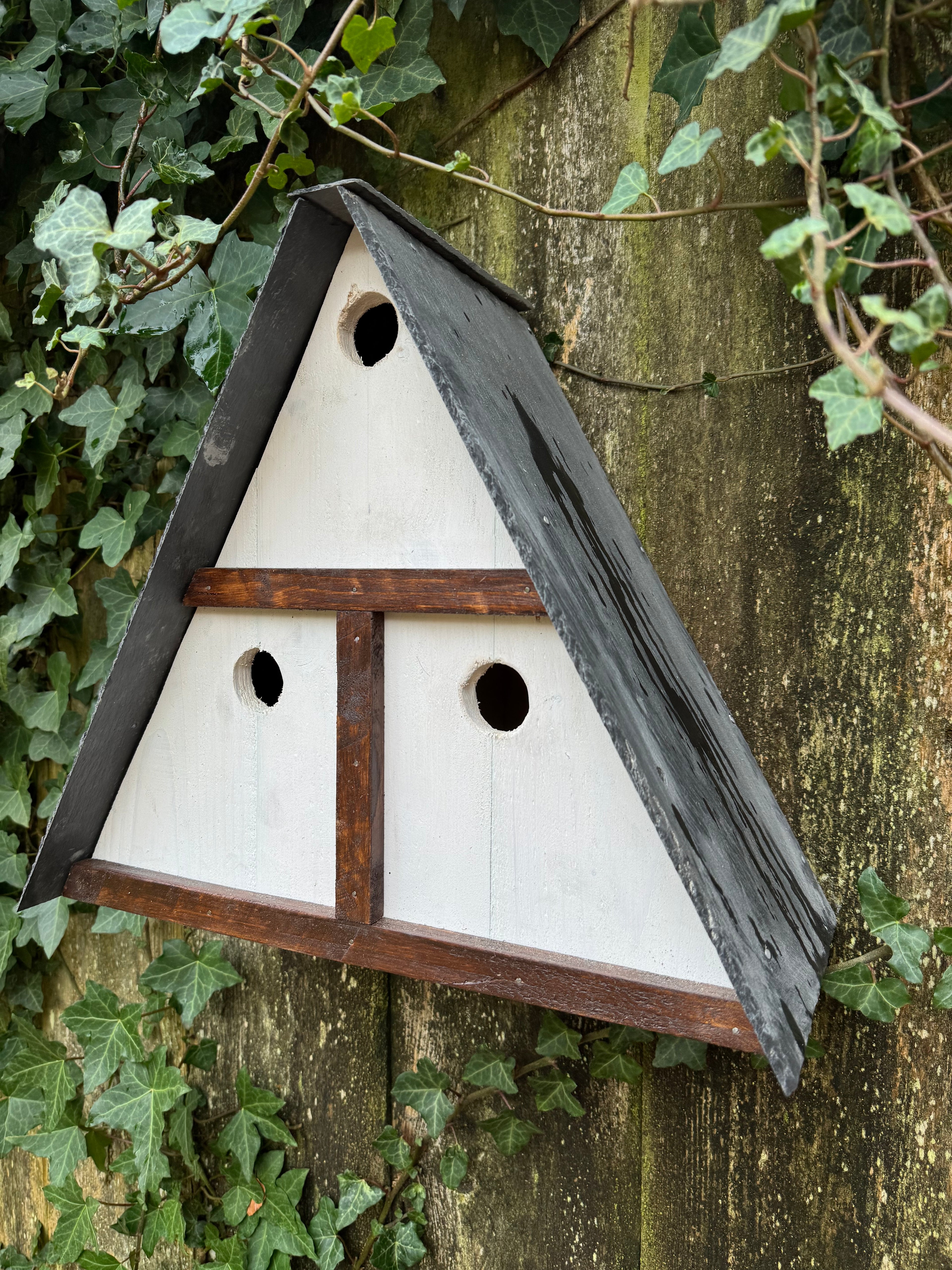 3-chamber sparrow nest box | Handmade slate roof bird house